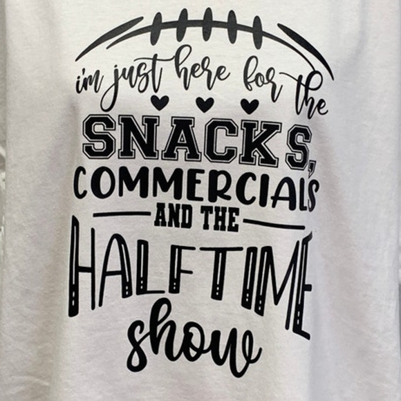 Hand Printed Small Superbowl Here for the Snacks Commercials Halftime Show Tee - Picture 2 of 5